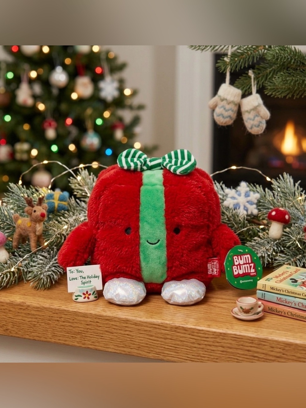 Red Plush Gabrielle the Gift Stuffed BumBumz with Green Stem and Sparkly Feet